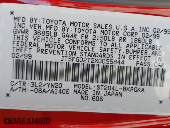 1999 Toyota Celica GT z VIN JT5FG02T2X0055844, wystawiony jako IAAI lot #41770279 z przebiegiem 159 561 mil mil oraz . Historia ofert i sprzedaży dostępna na DreamBid. Obrazek 9.