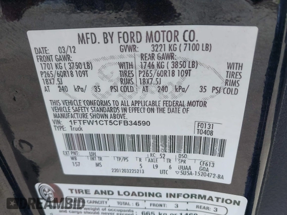 2012 Ford F-150 XL z VIN 1FTFW1CT5CFB34590, wystawiony jako IAAI lot #42279514 z przebiegiem 196 480 mil mil oraz . Historia ofert i sprzedaży dostępna na DreamBid. Obrazek 9.