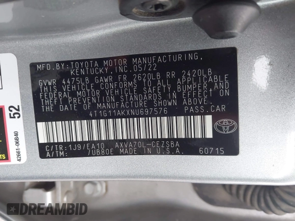 2022 Toyota Camry SE with VIN 4T1G11AKXNU697576, listed as a IAAI auction lot 41947082 with 67,199 mi miles and . Bid and sale history available at DreamBid. Image 9.