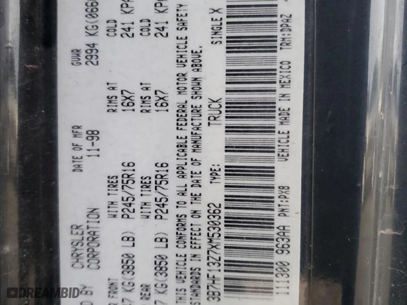 1999 Dodge Ram 1500 with VIN 3B7HF13Z7XM530362, listed as a Copart auction lot 83762804 with 200,049 mi miles and Salvage Title. Bid and sale history available at carsss.com. Image 14.