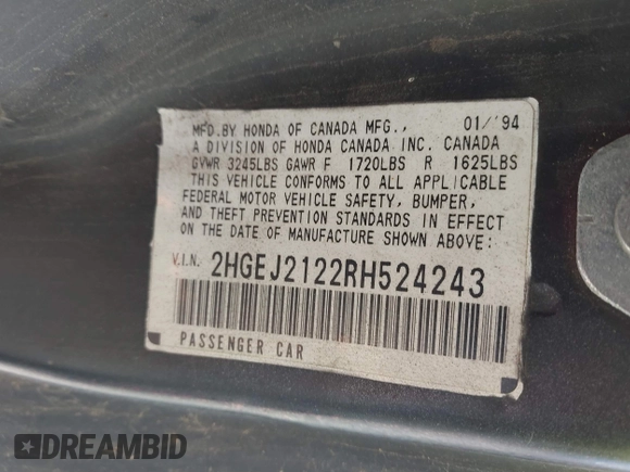 1994 Honda Civic DX z VIN 2HGEJ2122RH524243, wystawiony jako IAAI lot #42483854 z przebiegiem Nie podano mil oraz . Historia ofert i sprzedaży dostępna na DreamBid. Obrazek 9.