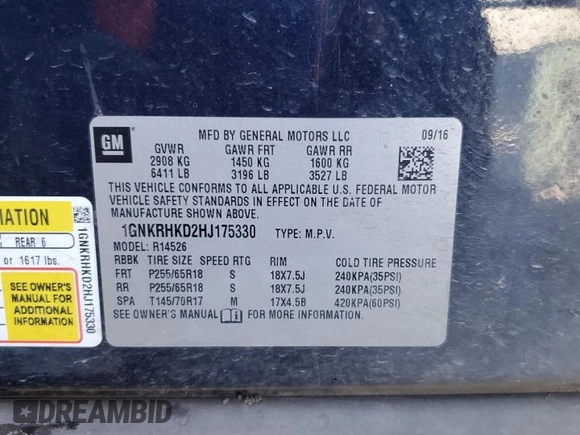 2017 Chevrolet Traverse LT with VIN 1GNKRHKD2HJ175330, listed as a Copart auction lot 46731625 with 202,723 mi miles and Salvage Title. Bid and sale history available at DreamBid. Image 15.