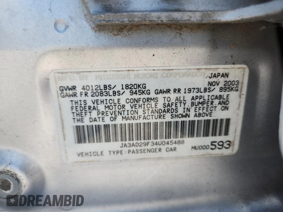 2004 Mitsubishi Lancer z VIN JA3AD29F34U045488, wystawiony jako Copart lot #61493005 z przebiegiem 230 611 mil mil oraz Czysty tytuł • Clean title. Historia ofert i sprzedaży dostępna na DreamBid. Obrazek 12.