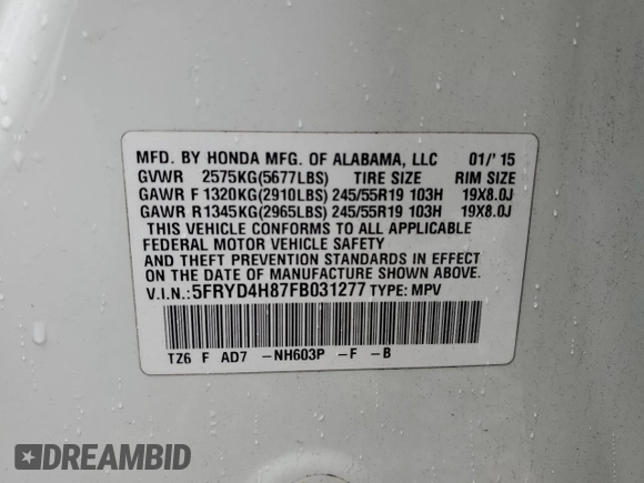 2015 Acura MDX Advance with VIN 5FRYD4H87FB031277, listed as a Copart auction lot 51446755 with 131,059 mi miles and Salvage title. Bid and sale history available at DreamBid. Image 14.