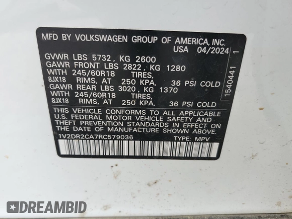 2024 Volkswagen Atlas SE with VIN 1V2DR2CA7RC579036, listed as a Copart auction lot 50594205 with 15,071 mi miles and Salvage title. Bid and sale history available at DreamBid. Image 16.