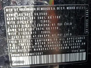 2021 Volkswagen Tiguan S z VIN 3VV0B7AX8MM072597, wystawiony jako Copart lot #52284865 z przebiegiem 48 912 mil mil oraz Szkoda całkowita • Salvage title. Historia ofert i sprzedaży dostępna na DreamBid. Obrazek 15.
