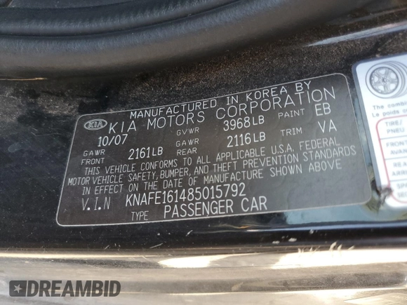 2008 Kia Spectra with VIN KNAFE161485015792, listed as a Copart auction lot 50378905 with 162,100 mi miles and Salvage Title. Bid and sale history available at carsss.com. Image 15.