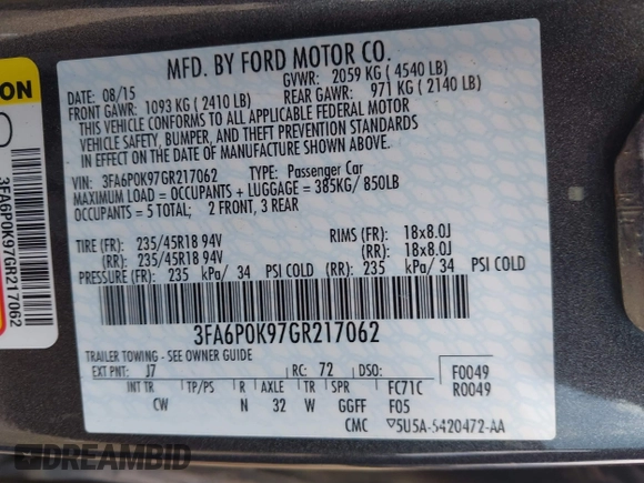 2016 Ford Fusion Titanium with VIN 3FA6P0K97GR217062, listed as a IAAI auction lot 42044943 with Not Provided miles and . Bid and sale history available at carsss.com. Image 9.