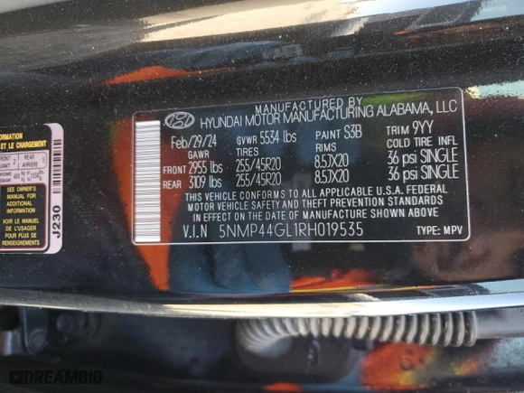 2024 Hyundai Santa Fe Limited with VIN 5NMP44GL1RH019535, listed as a Copart auction lot 48855055 with 0 mi miles and Salvage Title. Bid and sale history available at carsss.com. Image 15.