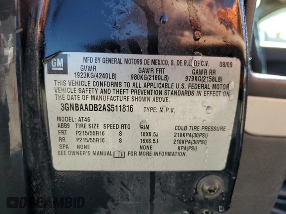2010 Chevrolet HHR LS with VIN 3GNBAADB2AS511816, listed as a Copart auction lot 54230475 with 225,652 mi miles and Salvage Title. Bid and sale history available at DreamBid. Image 13.
