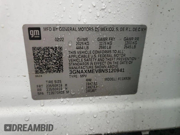 2022 Chevrolet Equinox RS with VIN 3GNAXMEV8NS120941, listed as a Copart auction lot 51056075 with 50,197 mi miles and Non Repairable. Bid and sale history available at DreamBid. Image 14.