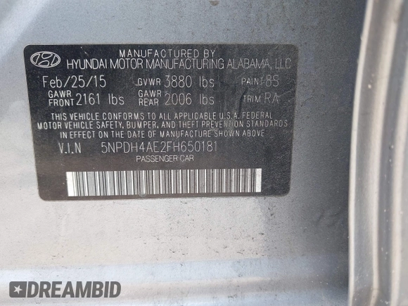 2015 Hyundai Elantra SE with VIN 5NPDH4AE2FH650181, listed as a IAAI auction lot 42681820 with 99,708 mi miles and . Bid and sale history available at DreamBid. Image 9.