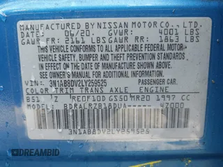 2020 Nissan Sentra SR with VIN 3N1AB8DV2LY259525, listed as a IAAI auction lot 41785712 with 102,958 mi miles and . Bid and sale history available at DreamBid. Image 9.