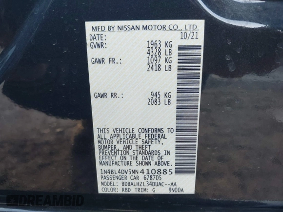 2021 Nissan Altima SV with VIN 1N4BL4DV5MN410885, listed as a IAAI auction lot 41809083 with 61,362 mi miles and . Bid and sale history available at DreamBid. Image 9.
