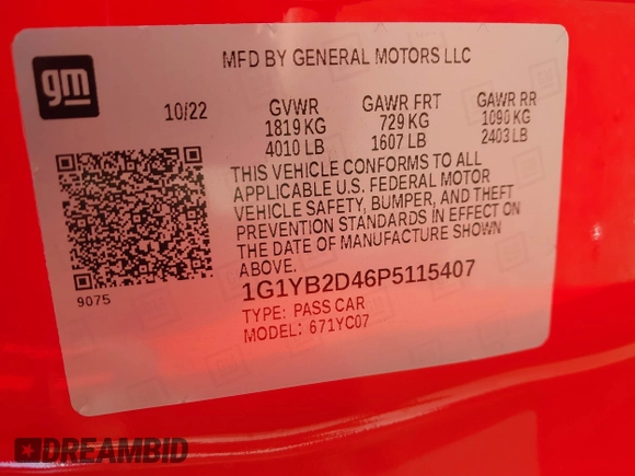 2023 Chevrolet Corvette 2LT with VIN 1G1YB2D46P5115407, listed as a IAAI auction lot 38910179 with 13,364 mi miles and . Bid and sale history available at DreamBid. Image 9.