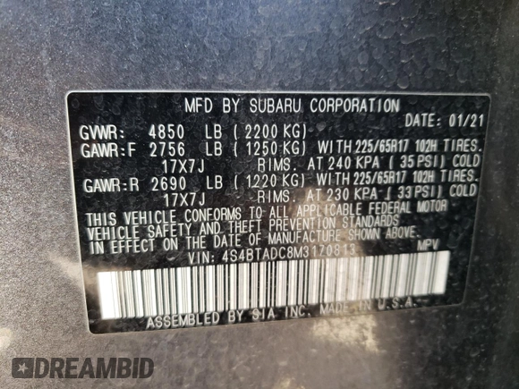2021 Subaru Outback Premium with VIN 4S4BTADC8M3170813, listed as a Copart auction lot 47970655 with 21,447 mi miles and Salvage Title. Bid and sale history available at DreamBid. Image 15.