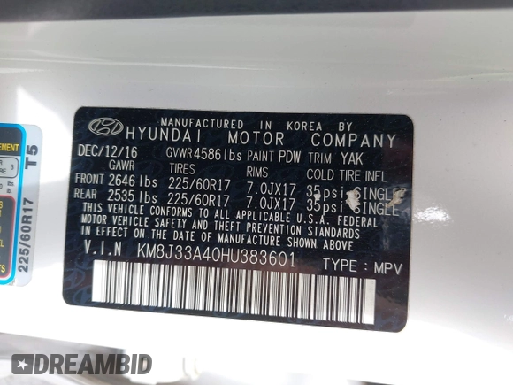 2017 Hyundai Tucson SE z VIN KM8J33A40HU383601, wystawiony jako IAAI lot #41947577 z przebiegiem 92 722 mil mil oraz . Historia ofert i sprzedaży dostępna na DreamBid. Obrazek 9.