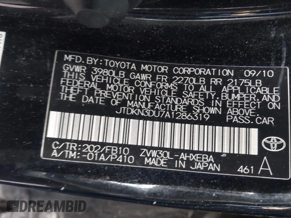 2010 Toyota Prius II with VIN JTDKN3DU7A1286319, listed as a IAAI auction lot 41812718 with 201,982 mi miles. Bid and sale history available at carsss.com. Image 9.
