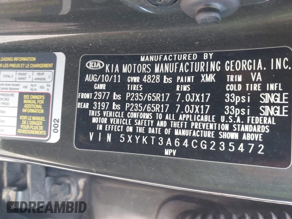 2012 Kia Sorento LX with VIN 5XYKT3A64CG235472, listed as a IAAI auction lot 41983480 with 213,338 mi miles. Bid and sale history available at carsss.com. Image 9.