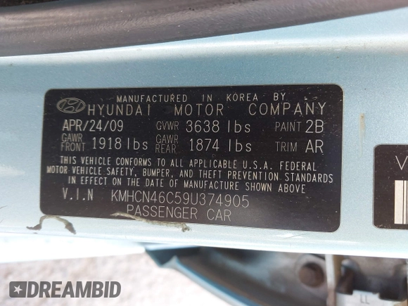 2009 Hyundai Accent Auto GLS with VIN KMHCN46C59U374905, listed as a IAAI auction lot 42414572 with 180,119 mi miles and . Bid and sale history available at DreamBid. Image 9.