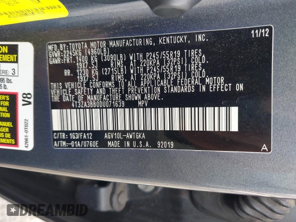 2013 Toyota Venza LE with VIN 4T3ZA3BB0DU071639, listed as a IAAI auction lot 41786133 with 129,492 mi miles. Bid and sale history available at carsss.com. Image 9.