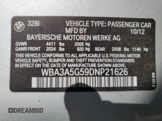 2013 BMW 3 Series 328i with VIN WBA3A5G59DNP21626, listed as a Copart auction lot 52136545 with 88,365 mi miles and Salvage Title. Bid and sale history available at carsss.com. Image 13.