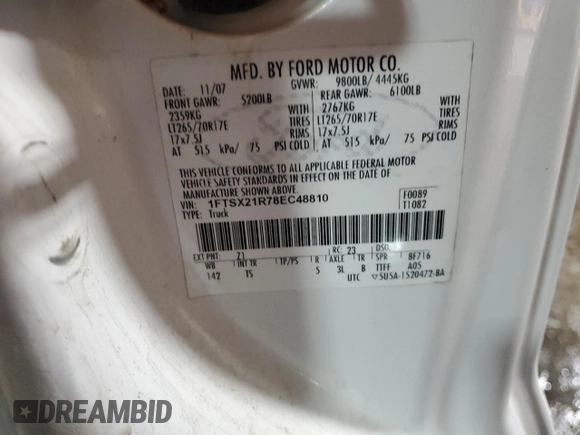 2008 Ford F-250 XL z VIN 1FTSX21R78EC48810, wystawiony jako Copart lot #57683895 z przebiegiem Nie podano mil oraz Szkoda całkowita • Salvage title. Historia ofert i sprzedaży dostępna na DreamBid. Obrazek 12.