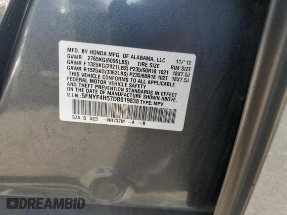 2013 Honda Pilot EX-L with VIN 5FNYF4H57DB019838, listed as a Copart auction lot 55043375 with 190,442 mi miles and Salvage Title. Bid and sale history available at DreamBid. Image 13.