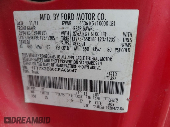 2012 Ford F-250 XL with VIN 1FT7X2B60CEA85047, listed as a IAAI auction lot 42078847 with 251,805 mi miles and . Bid and sale history available at DreamBid. Image 9.