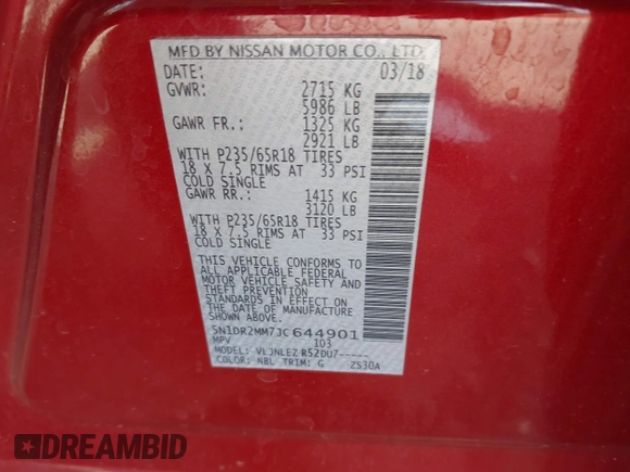 2018 Nissan Pathfinder Platinum with VIN 5N1DR2MM7JC644901, listed as a IAAI auction lot 42285497 with 109,247 mi miles and . Bid and sale history available at DreamBid. Image 9.