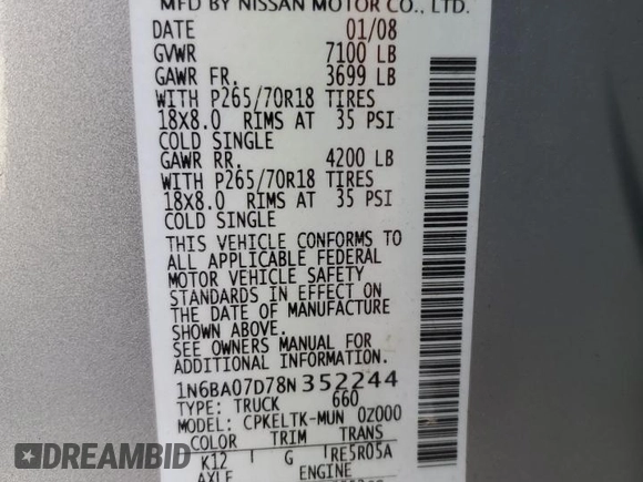 2008 Nissan Titan XE with VIN 1N6BA07D78N352244, listed as a Copart auction lot 52342415 with 180,411 mi miles and Salvage Title. Bid and sale history available at carsss.com. Image 14.