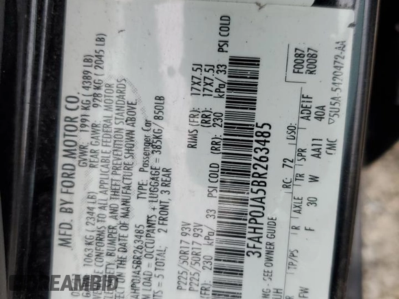 2011 Ford Fusion SEL with VIN 3FAHP0JA5BR263485, listed as a Copart auction lot 52025845 with 235,049 mi miles and Non Repairable. Bid and sale history available at carsss.com. Image 12.