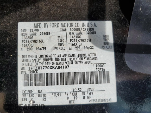 1999 Ford F-150 with VIN 1FTZX1720XKA84187, listed as a Copart auction lot 61401055 with Not provided miles and Salvage title. Bid and sale history available at DreamBid. Image 12.