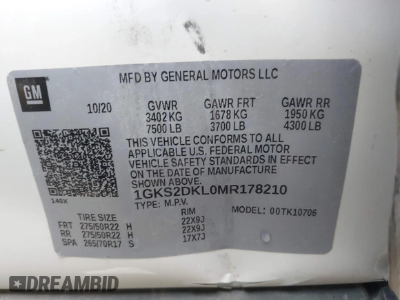 2021 GMC Yukon Denali with VIN 1GKS2DKL0MR178210, listed as a IAAI auction lot 41934532 with 91,785 mi miles. Bid and sale history available at carsss.com. Image 9.
