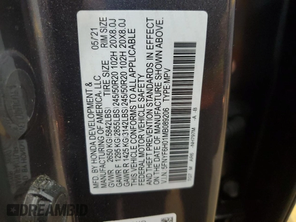 2021 Honda Pilot Elite with VIN 5FNYF6H01MB089206, listed as a Copart auction lot 47975495 with 93,340 mi miles and Salvage Title. Bid and sale history available at DreamBid. Image 15.