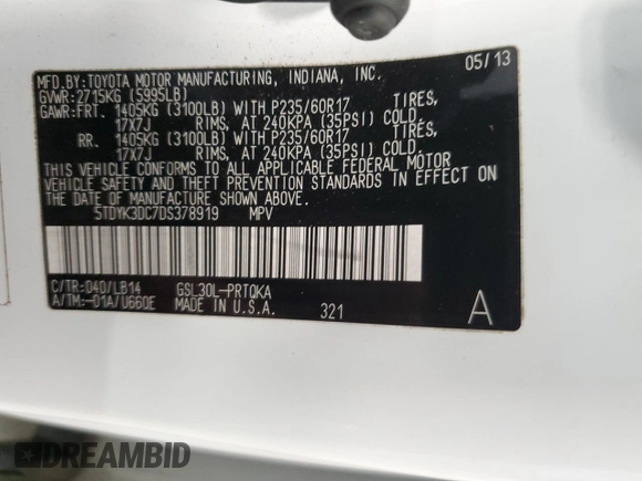 2013 Toyota Sienna XLE AAS with VIN 5TDYK3DC7DS378919, listed as a Copart auction lot 50792515 with 165,256 mi miles and Salvage Title. Bid and sale history available at carsss.com. Image 16.
