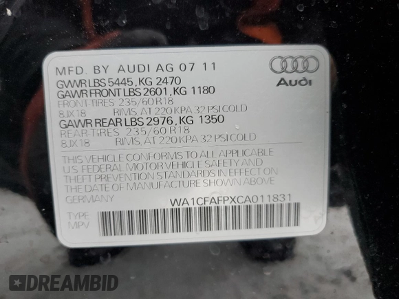 2012 Audi Q5 2.0T Premium with VIN WA1CFAFPXCA011831, listed as a Copart auction lot 88886575 with 136,240 mi miles and Clean Title. Bid and sale history available at carsss.com. Image 13.