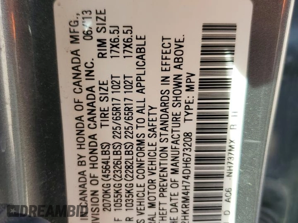 2013 Honda CR-V EX-L with VIN 2HKRM4H74DH673208, listed as a Copart auction lot 48687945 with 208,018 mi miles and Salvage Title. Bid and sale history available at carsss.com. Image 14.