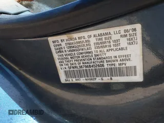 2006 Honda Odyssey EX-L with VIN 5FNRL38796B452606, listed as a IAAI auction lot 42173853 with 190,084 mi miles and . Bid and sale history available at DreamBid. Image 9.