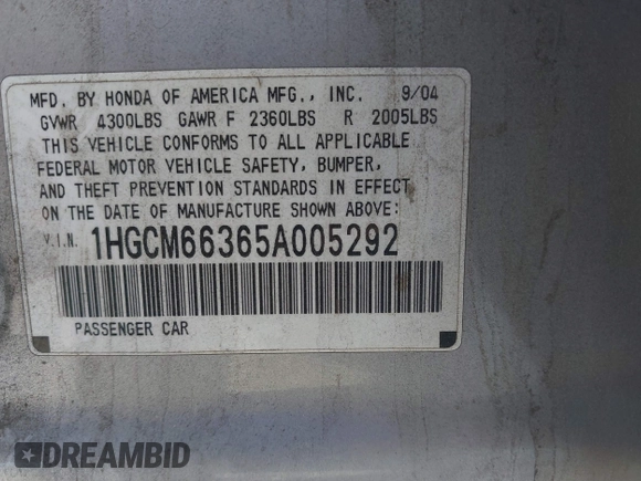 2005 Honda Accord LX with VIN 1HGCM66365A005292, listed as a IAAI auction lot 41555771 with 332,836 mi miles and . Bid and sale history available at DreamBid. Image 9.