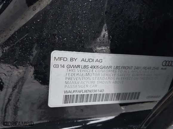 2014 Audi A4 Premium Plus with VIN WAUFFAFL8EN036140, listed as a IAAI auction lot 41569955 with 82,216 mi miles. Bid and sale history available at carsss.com. Image 9.