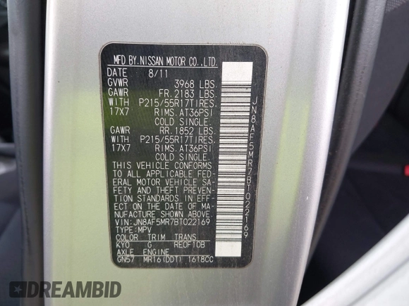 2011 Nissan Juke SL with VIN JN8AF5MR7BT022169, listed as a IAAI auction lot 42140815 with 155,340 mi miles and . Bid and sale history available at DreamBid. Image 9.