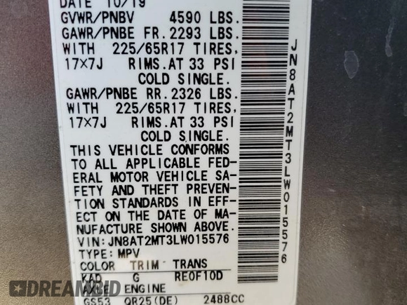 2020 Nissan Rogue SV z VIN JN8AT2MT3LW015576, wystawiony jako Copart lot #56189775 z przebiegiem 43 786 mil mil oraz Szkoda całkowita • Salvage title. Historia ofert i sprzedaży dostępna na DreamBid. Obrazek 13.