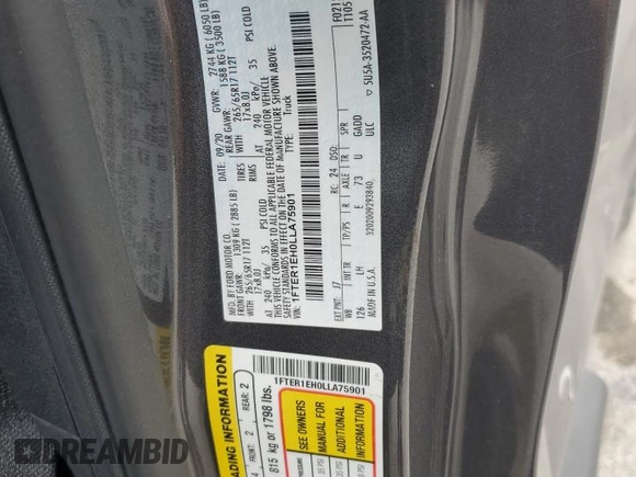 2020 Ford Ranger XL with VIN 1FTER1EH0LLA75901, listed as a Copart auction lot 59306915 with 45,730 mi miles and Clean title. Bid and sale history available at DreamBid. Image 12.
