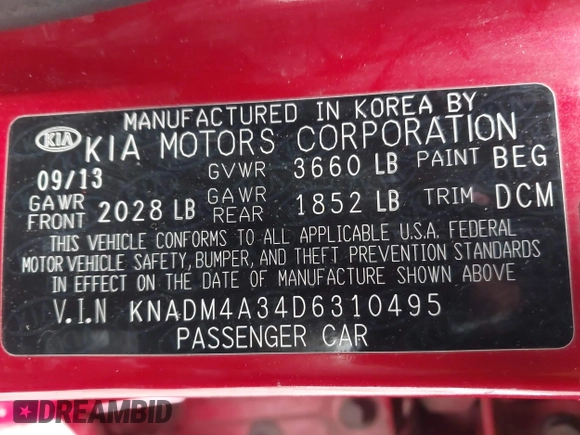 2013 Kia Rio LX with VIN KNADM4A34D6310495, listed as a IAAI auction lot 41986664 with 129,145 mi miles. Bid and sale history available at carsss.com. Image 9.