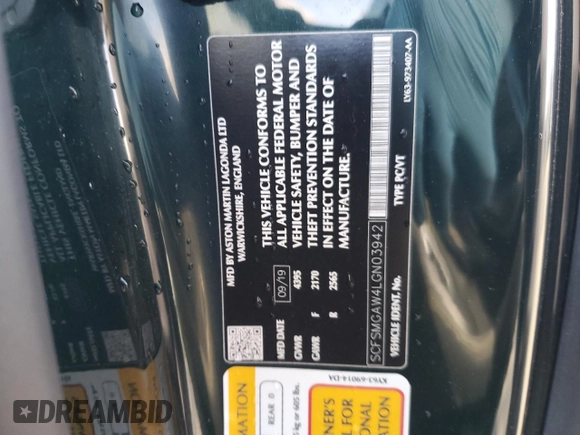 2020 Aston Martin Vantage z VIN SCFSMGAW4LGN03942, wystawiony jako Copart lot #49004855 z przebiegiem 42 583 mil mil oraz Szkody całkowita. Historia ofert i sprzedaży dostępna na DreamBid. Obrazek 12.