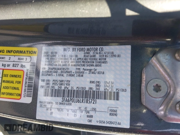 2020 Ford Fusion SE z VIN 3FA6P0LU6LR185721, wystawiony jako IAAI lot #41639827 z przebiegiem 63 857 mil mil oraz . Historia ofert i sprzedaży dostępna na DreamBid. Obrazek 9.