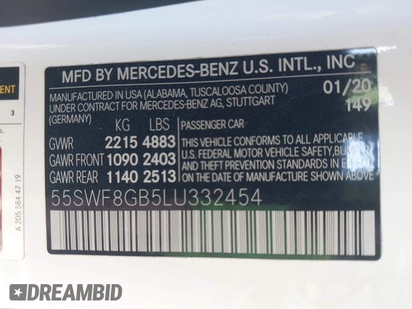 2020 Mercedes-Benz C 63 AMG with VIN 55SWF8GB5LU332454, listed as a IAAI auction lot 41702800 with 54,098 mi miles and . Bid and sale history available at DreamBid. Image 9.