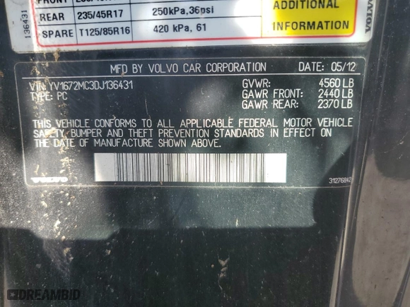 2013 Volvo C70 T5 with VIN YV1672MC3DJ136431, listed as a Copart auction lot 76175334 with 0 mi miles and Salvage Title. Bid and sale history available at carsss.com. Image 13.
