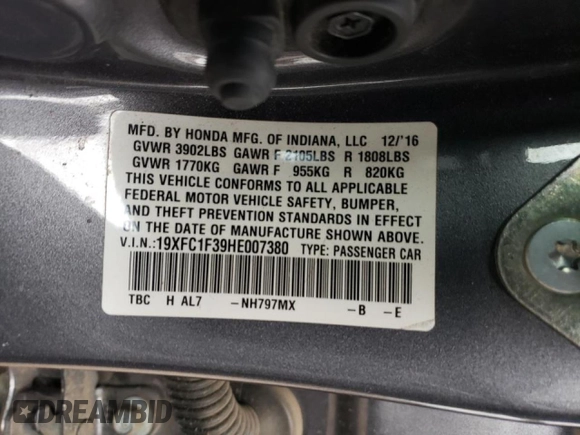 2017 Honda Civic Sedan EX-T with VIN 19XFC1F39HE007380, listed as a Copart auction lot 47723525 with 95,511 mi miles and Salvage Title. Bid and sale history available at carsss.com. Image 14.